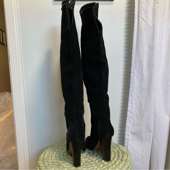NWOB Report Liola Black Suede Leather Woven Boho Over the Knee Heel Boots - Picture 9 of 16